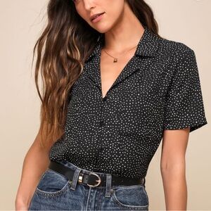 Lulu's Black and White Short Sleeve Button Down Shirt Polka Dots NWOT